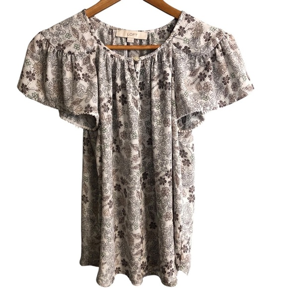 Loft Sz XS Peasant Top Blouse Cottagecore Boho Floral Neutral Keyhole Ruffled - Picture 3 of 9